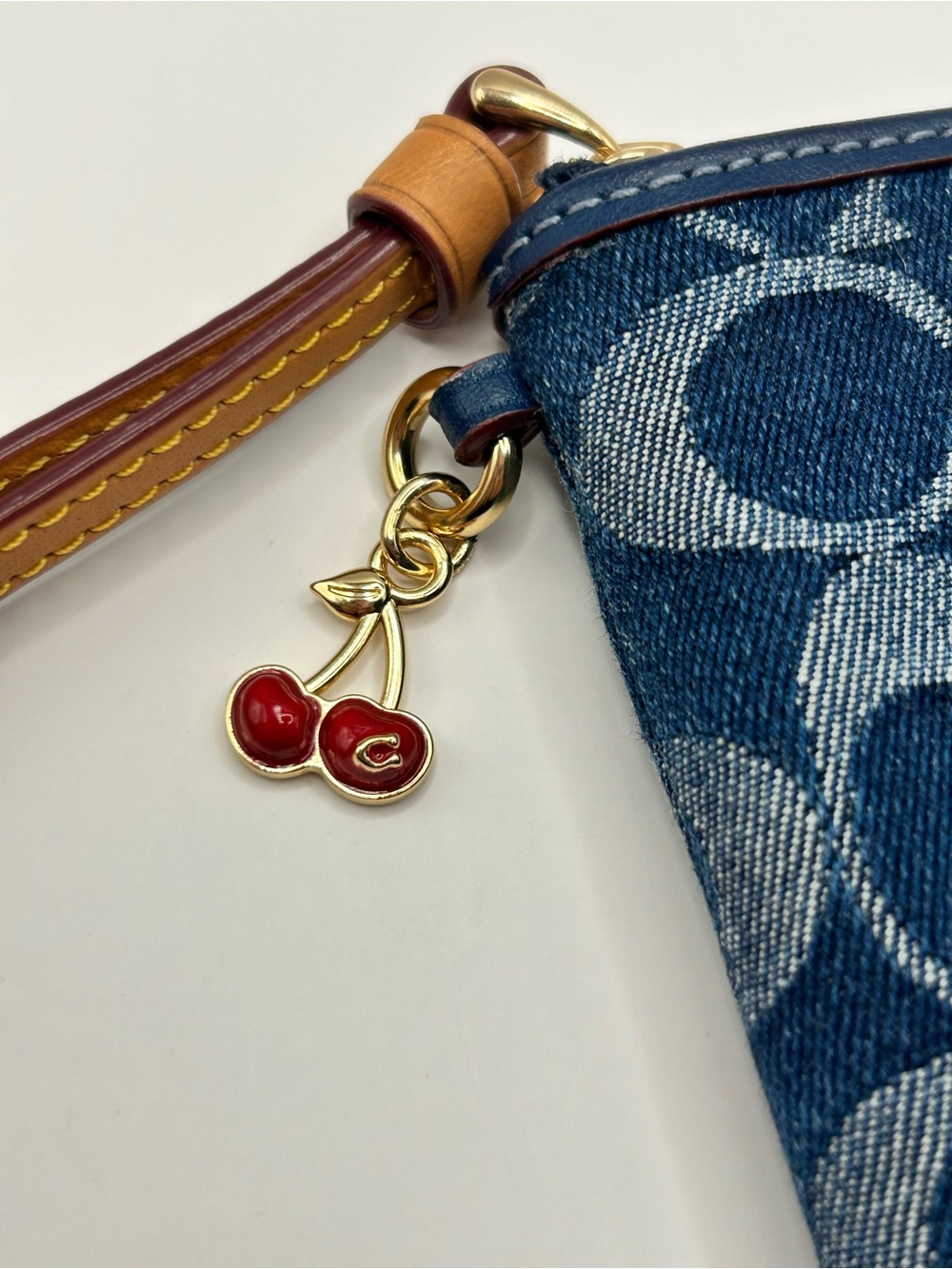 COACH Blue Denim Bundle Signature Wristlet with Red Cherry Charm and Earrings - Picture 4 of 7